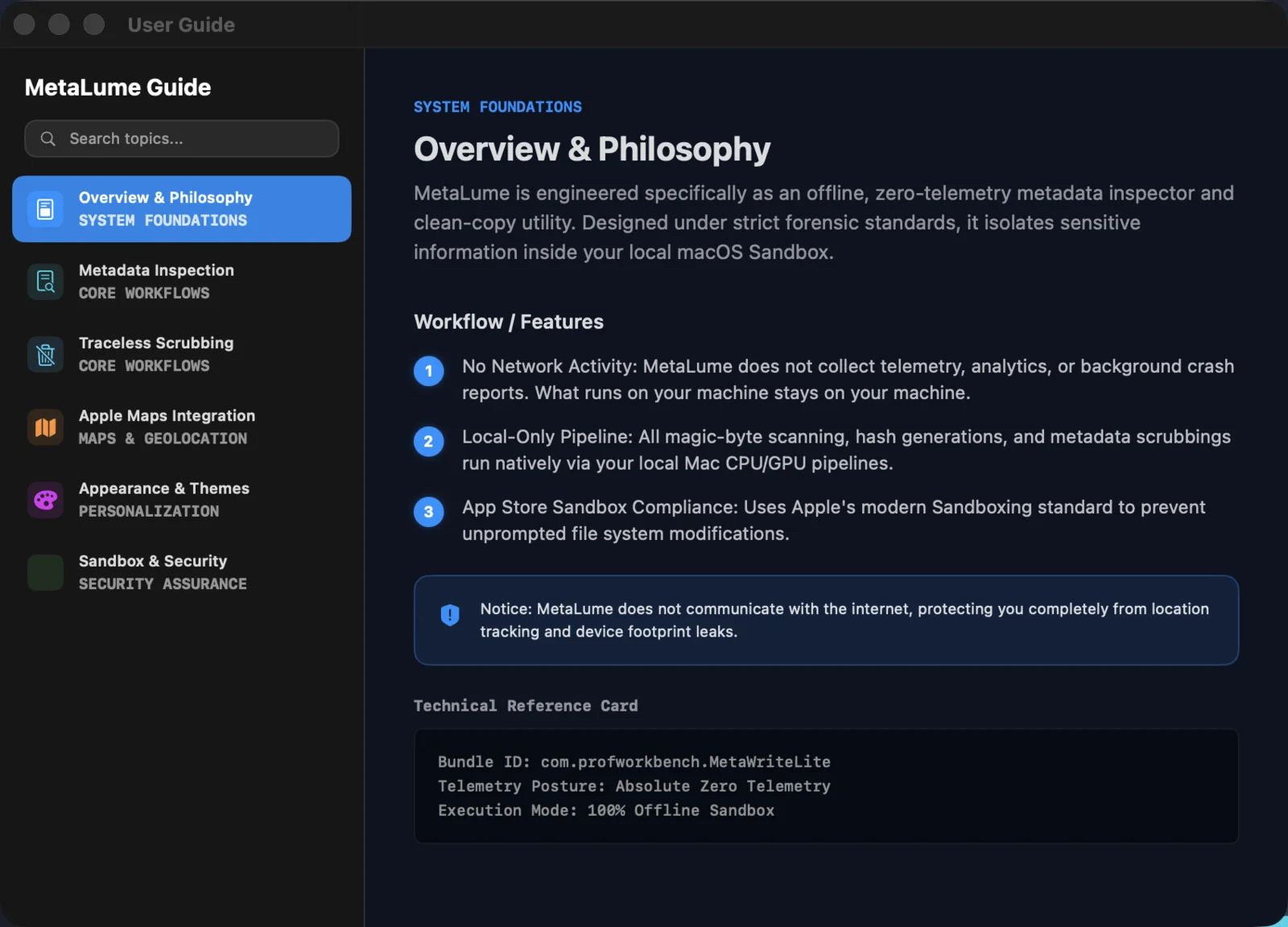 MetaLume's built-in user guide window