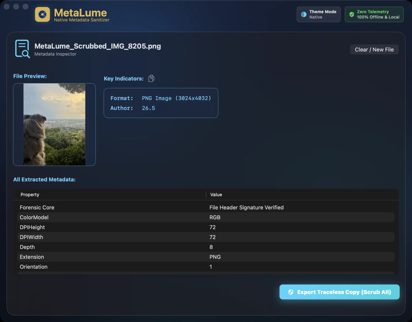 A scrubbed photo in MetaLume: only format information remains after export